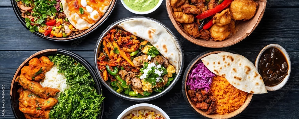 Food truck with a global street food theme, serving a variety of international dishes, worldly flavors, cultural fusion Food truck with a global street food theme, serving a variety of international dishes, worldly flavors, cultural fusion