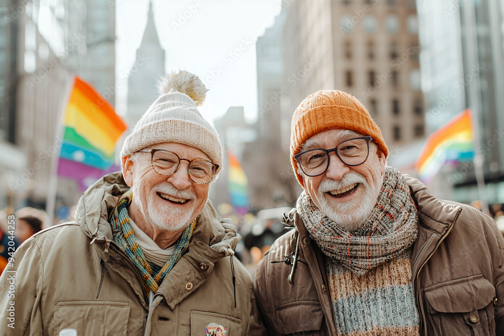 Two men wearing hats and scarves are smiling for the camera Two men wearing hats and scarves are smiling for the camera