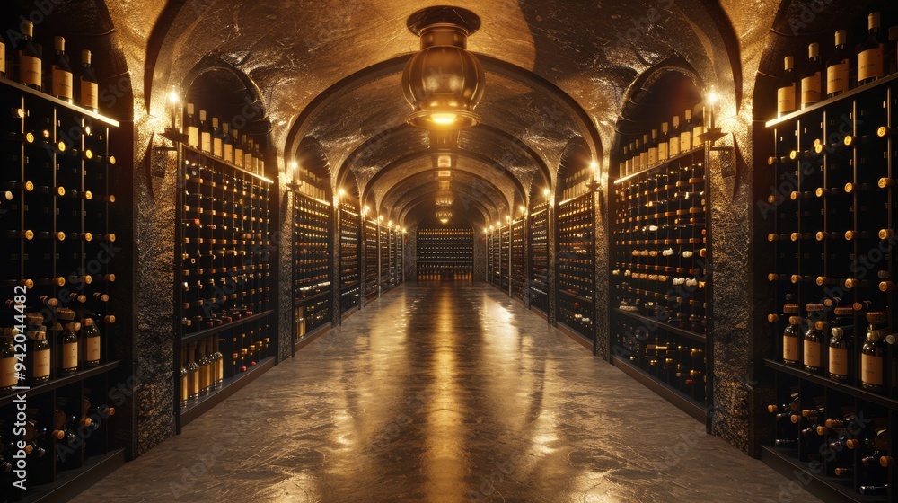 Long Isle of Wine Racks Extending into Infinity: Photo-Realistic Image, 16:9 Aspect Ratio Long Isle of Wine Racks Extending into Infinity: Photo-Realistic Image, 16:9 Aspect Ratio