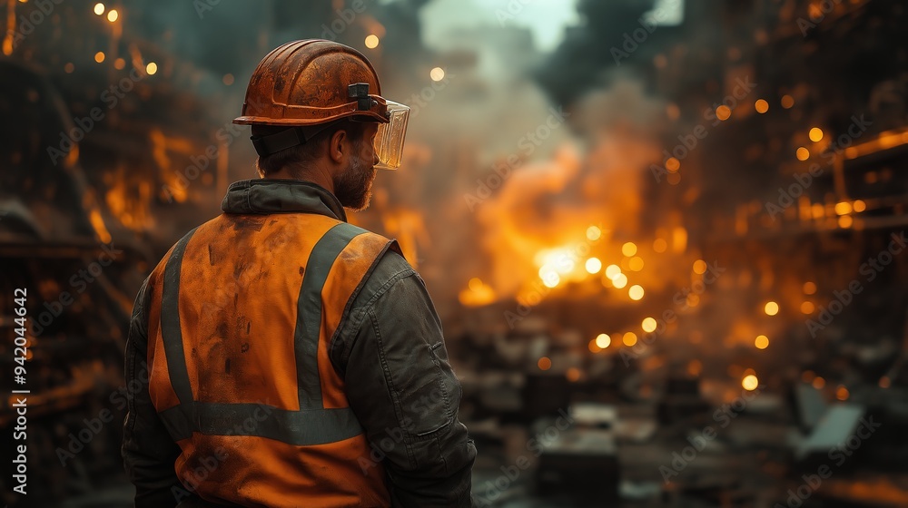 Back View of an Industrial Worker in Safety Gear at a Steel Factory, Observing Molten Metal and Flames, Highlighting the Intensity and Hazardous Environment of Heavy Industry Back View of an Industrial Worker in Safety Gear at a Steel Factory, Observing Molten Metal and Flames, Highlighting the Intensity and Hazardous Environment of Heavy Industry