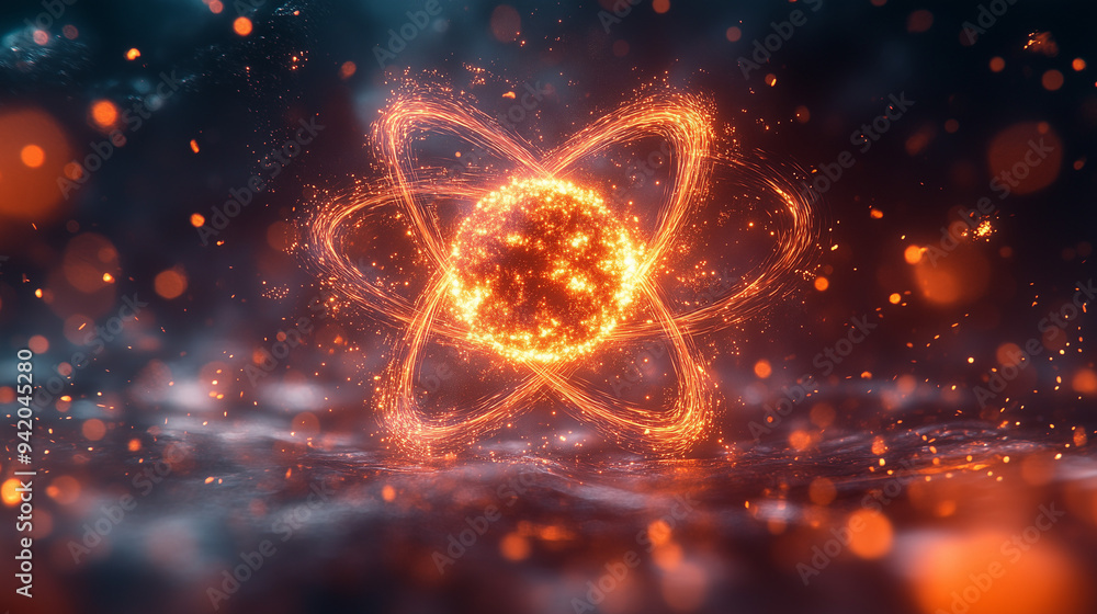 Energy burst from the atomic nucleus during nuclear fission, particles scattering in all directions Energy burst from the atomic nucleus during nuclear fission, particles scattering in all directions