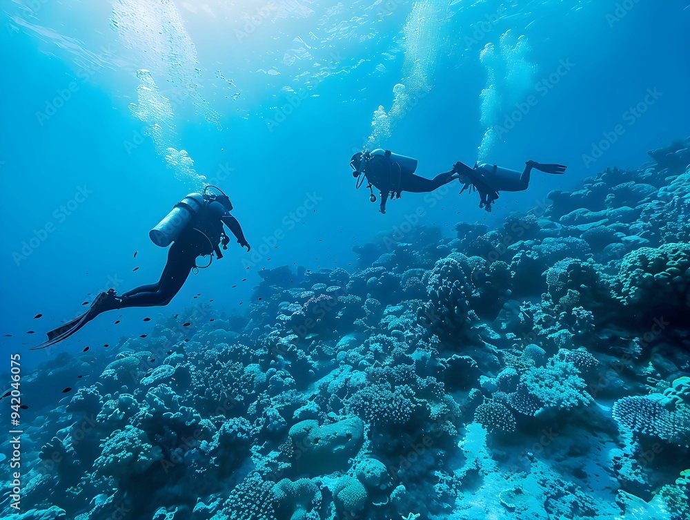Scuba divers exploring a vibrant coral reef in crystal clear waters during a sunny day Scuba divers exploring a vibrant coral reef in crystal clear waters during a sunny day