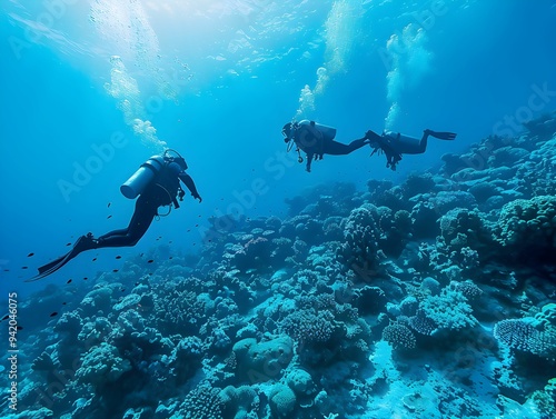 Scuba divers exploring a vibrant coral reef in crystal clear waters during a sunny day