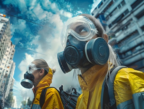 Two individuals wearing gas masks surrounded by a smoky urban environment during a hazy day photo