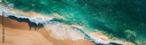 Aerial View of a Sandy Beach, Capturing the Vastness and Serenity of the Coastal Landscape in a Raw, Cinematic Style with Rich Textures and Natural Tones