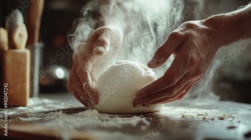 The hands kneading dough ball. photo