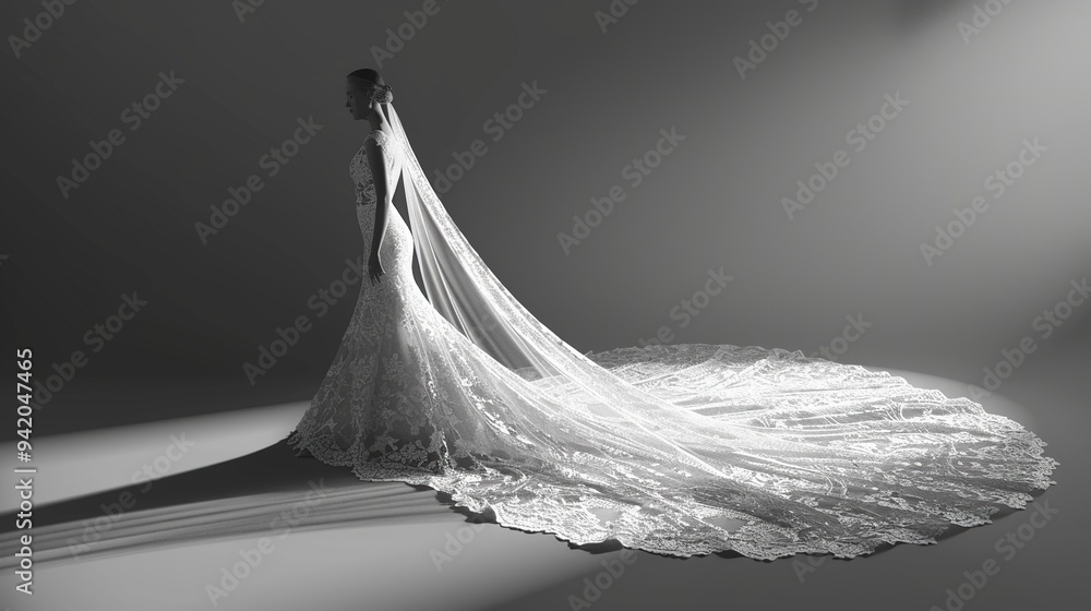 A bride stands in a wedding dress with a long veil trailing behind her, the lighting casts a dramatic shadow on the floor. A bride stands in a wedding dress with a long veil trailing behind her, the lighting casts a dramatic shadow on the floor.