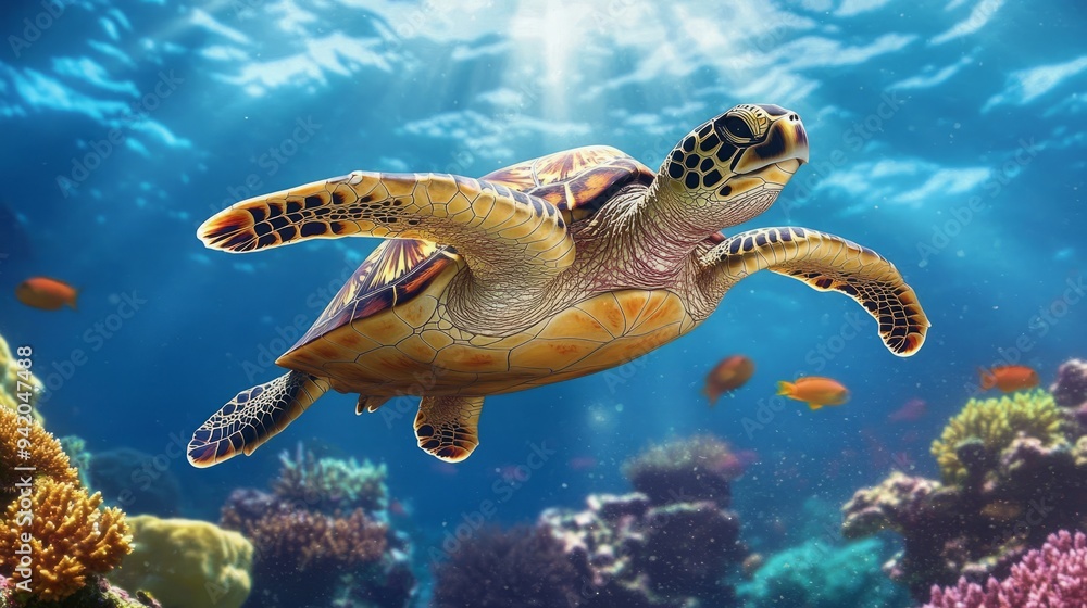 Obraz premium Critically Endangered Species, Hawksbill Turtle in Coral Habitat, Vibrant Underwater Scene, Suitable for Conservation Documentaries