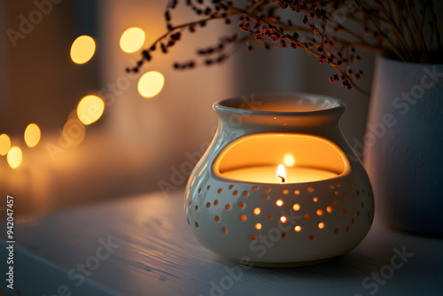  a ceramic butter warmer with a tealight candle underneath, the soft, ambient light creating a cozy atmosphere