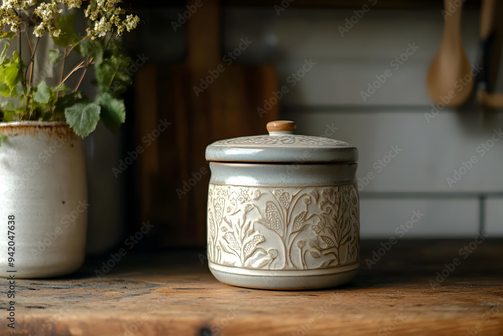 a ceramic butter keeper with a lid, the exterior adorned with delicate, hand-carved patterns, sitting on a rustic kitchen counter a ceramic butter keeper with a lid, the exterior adorned with delicate, hand-carved patterns, sitting on a rustic kitchen counter
