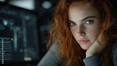 redhead haired woman blue eyes looking computer screen portrait goddess inspiring freckles chicks rogue lady sitting desk face dating princess fiery photo