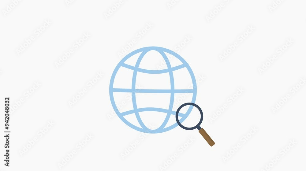 Globe icon appearing on the screen. Small magnifying glass in the right corner. Searching something in the world wide web. Search engine on the internet. Light blue and green screen background. Globe icon appearing on the screen. Small magnifying glass in the right corner. Searching something in the world wide web. Search engine on the internet. Light blue and green screen background.