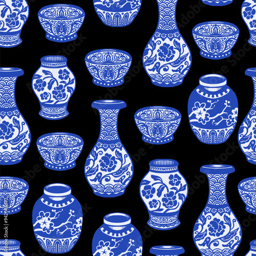 Seamless pattern with Chinese blue vases. Vector.