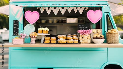 Mobile bakery truck with a cozy, homestyle feel, serving fresh-baked goods, warm treats, homemade flavors