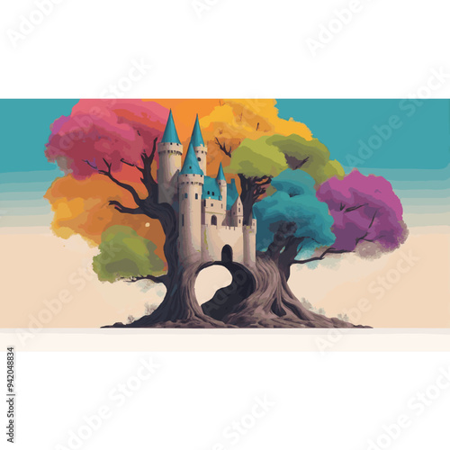 Abstract art of colourful castle reside within trees and a jungle