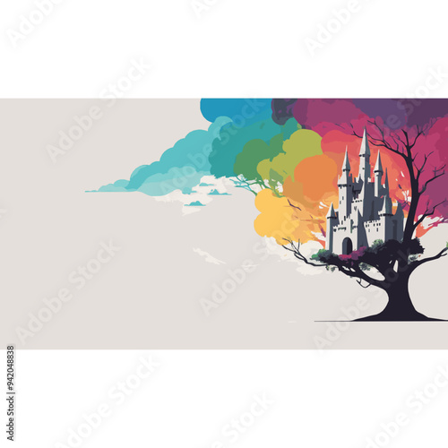 Abstract art of colourful castle reside within trees and a jungle