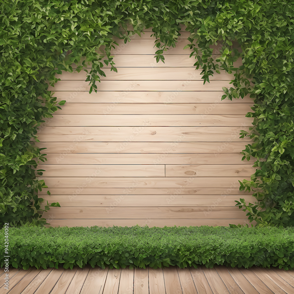 Wooden floor with green bushes