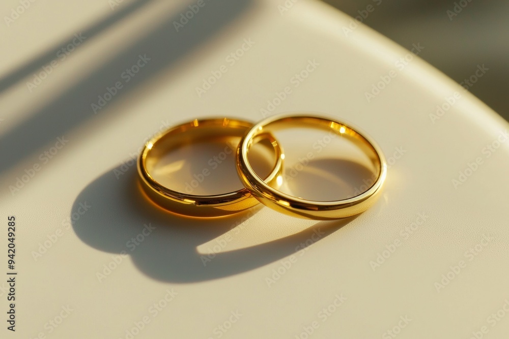 Two golden wedding rings casting shadows on a soft surface. This image symbolizes love, commitment, and marriage, ideal for wedding-related content and designs. Two golden wedding rings casting shadows on a soft surface. This image symbolizes love, commitment, and marriage, ideal for wedding-related content and designs.