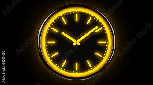 Neon yellow clock with a sleek design, vibrant red light outlining the clock, set on a black background.