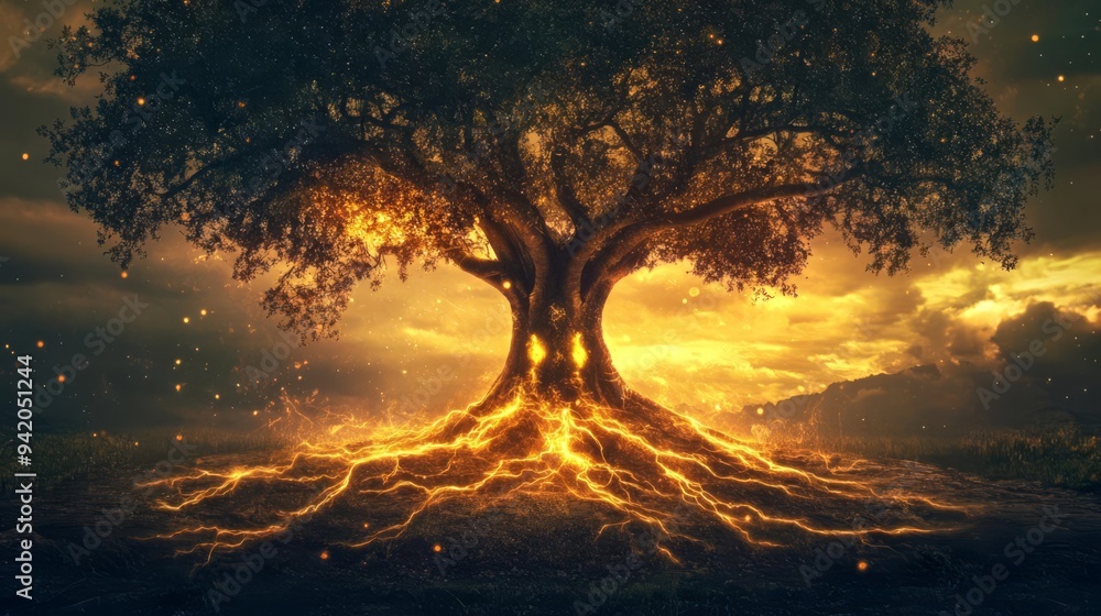 Obraz premium Ancient tree with glowing roots spreading energy into the earth, spirit figures guiding the energy flow, tree spirit empower, earths empowerment through spirits