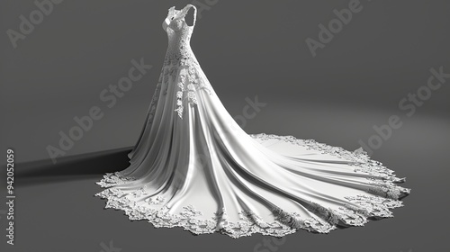 White wedding dress with lace bodice and flowing skirt.