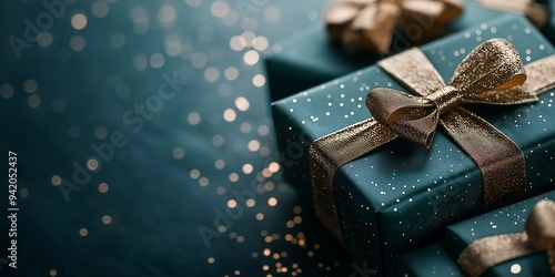 closeup pile blue gift boxes bows singularities benevolence holiday season opening shining portal expectation