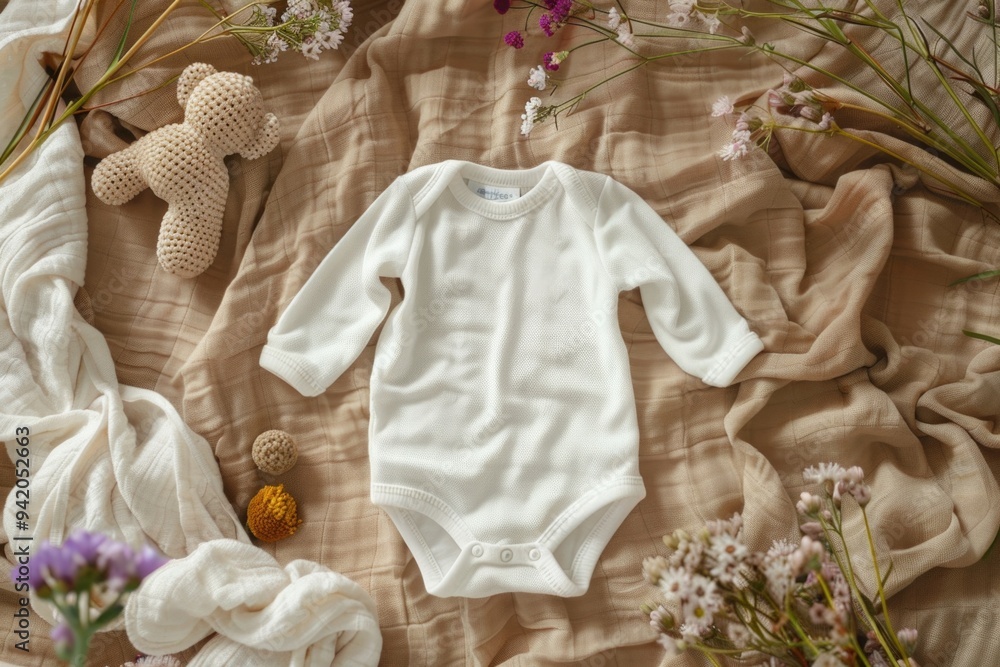 Cozy Baby Onesie with Knitted Toy and Wildflowers - Perfect for Nursery and Baby Shower Gifts Cozy Baby Onesie with Knitted Toy and Wildflowers - Perfect for Nursery and Baby Shower Gifts