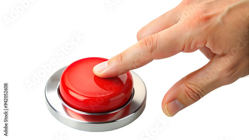 Finger pushing a bright red button, symbolizing urgency or critical action, close-up shot, transparent PNG file photo