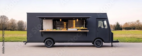 Modern food truck with a sleek black exterior, serving fusion cuisine, contemporary style, creative menu
