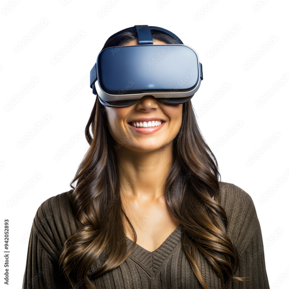 Smiling woman wearing VR headset, fully engaged in a virtual reality experience Smiling woman wearing VR headset, fully engaged in a virtual reality experience