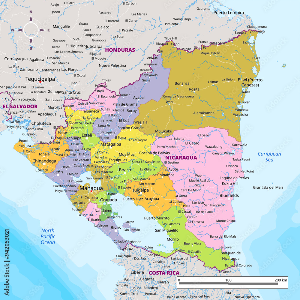 Fototapeta premium Detailed political map of Nicaragua