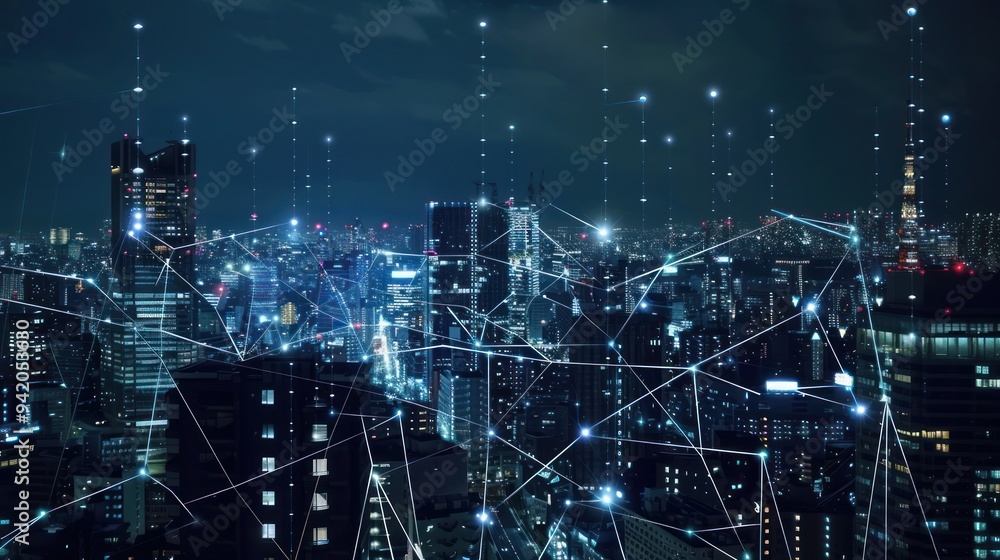 Night Cityscape with Interconnected Network Night Cityscape with Interconnected Network