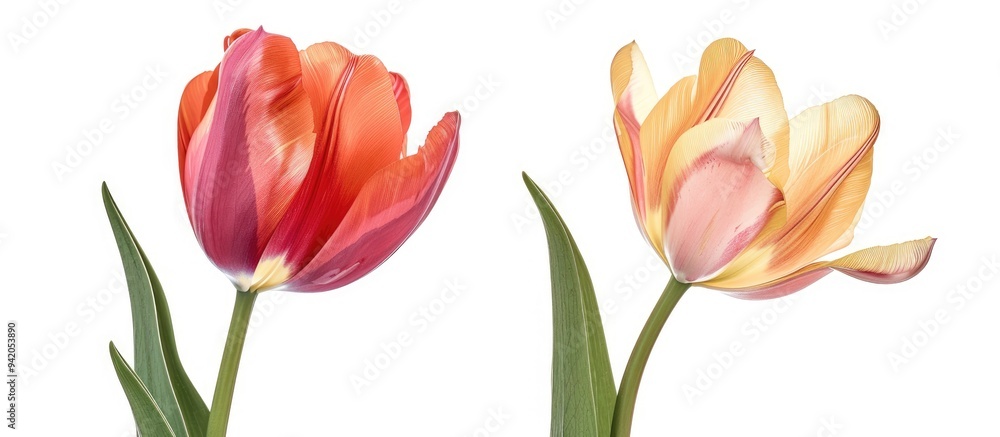 Fototapeta premium Two Beautiful Tulip Flowers Isolated On White Background