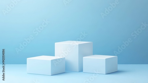 Three white square podiums stand on a light blue background, creating a clean and modern aesthetic ideal for showcasing products or branding. The simplicity of the design emphasizes the product and al