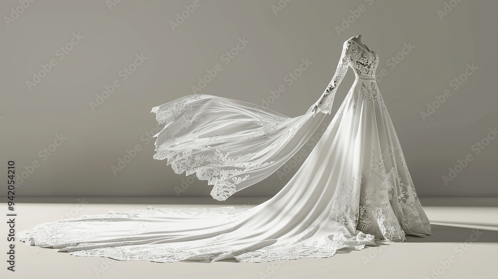 White wedding dress with a long train and lace details. The dress is flowing and elegant.