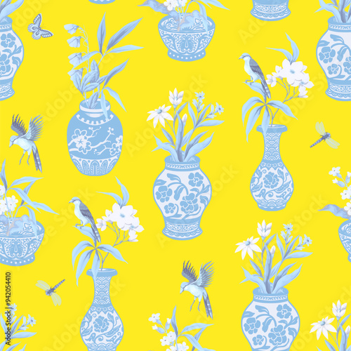 Seamless pattern with Chinese blue vases and flowers. Vector.