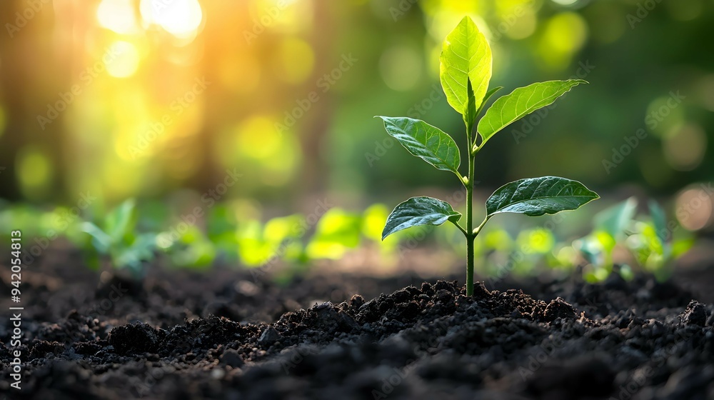 Green Sprout Growing in Rich Soil with Sunlight Green Sprout Growing in Rich Soil with Sunlight