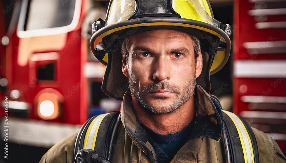 Close-up portrait of a firefighter with soot-streaked face, intense gaze Close-up portrait of a firefighter with soot-streaked face, intense gaze