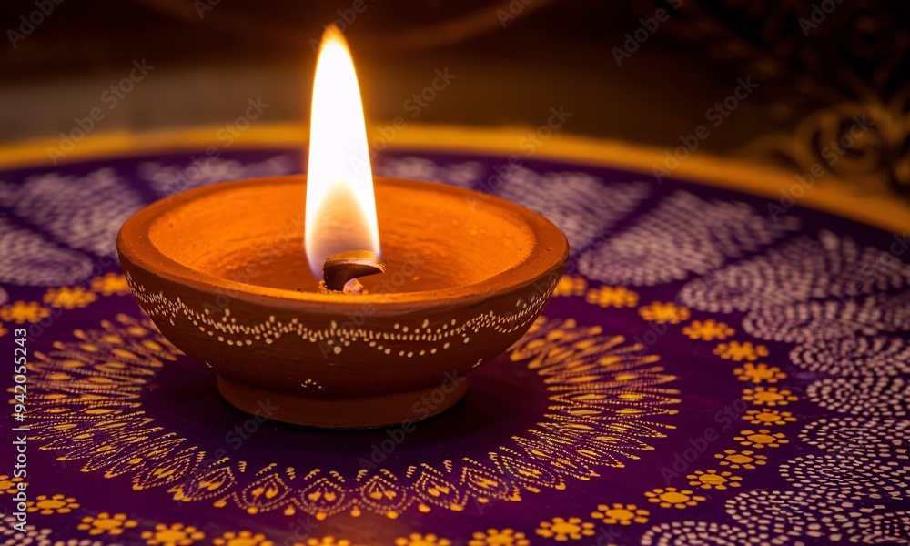 Close-Up of a Single Clay Diya Lamp with a Warm, Glowing Flame on a Vibrant Background Close-Up of a Single Clay Diya Lamp with a Warm, Glowing Flame on a Vibrant Background