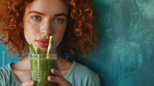 The woman with green smoothie photo