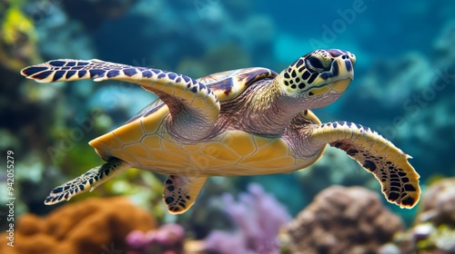 Close-Up of Threatened Hawksbill Turtle, Navigating Coral Reef, Distinctive Features Prominent, Useful in Marine Conservation Studies