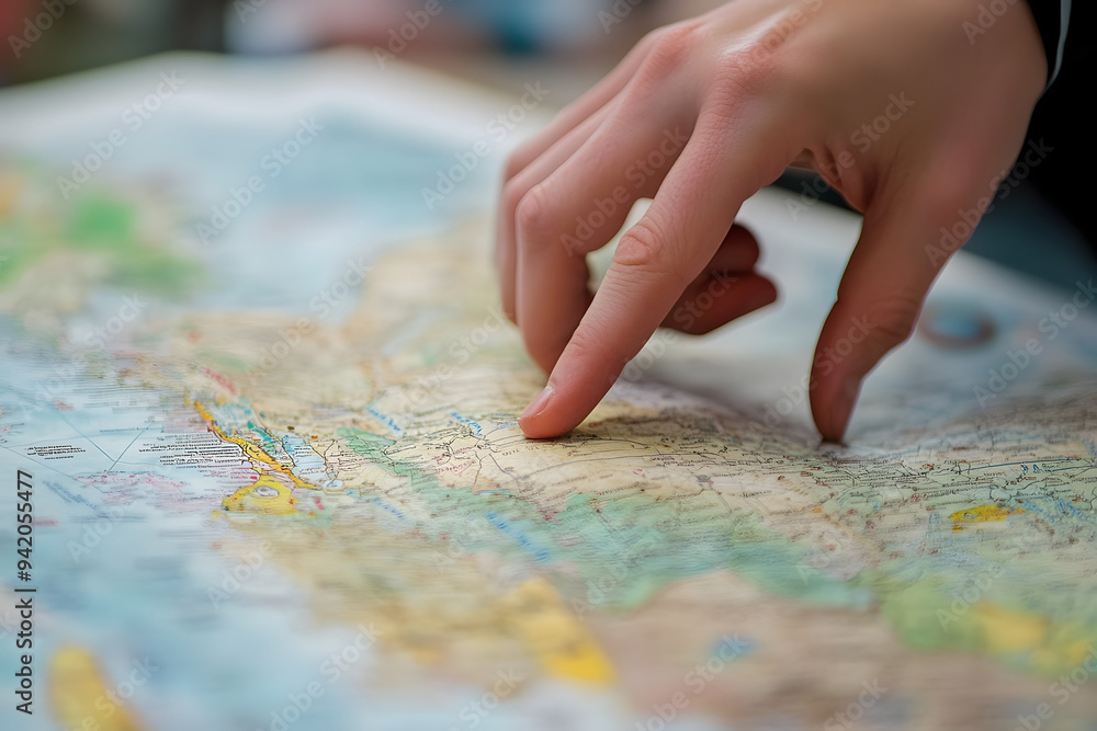 a teacher’s hand pointing to a map during a geography lesson, with the map details in focus a teacher’s hand pointing to a map during a geography lesson, with the map details in focus