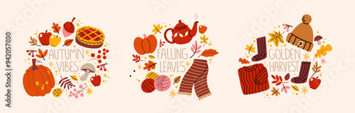 Cozy hygge autumn set in cartoon style. Handwritten autumn lettering. Fallen leaves, hot chocolate, cocoa, sweater, harvest time. Set of doodle groovy vector stickers hand drawn
