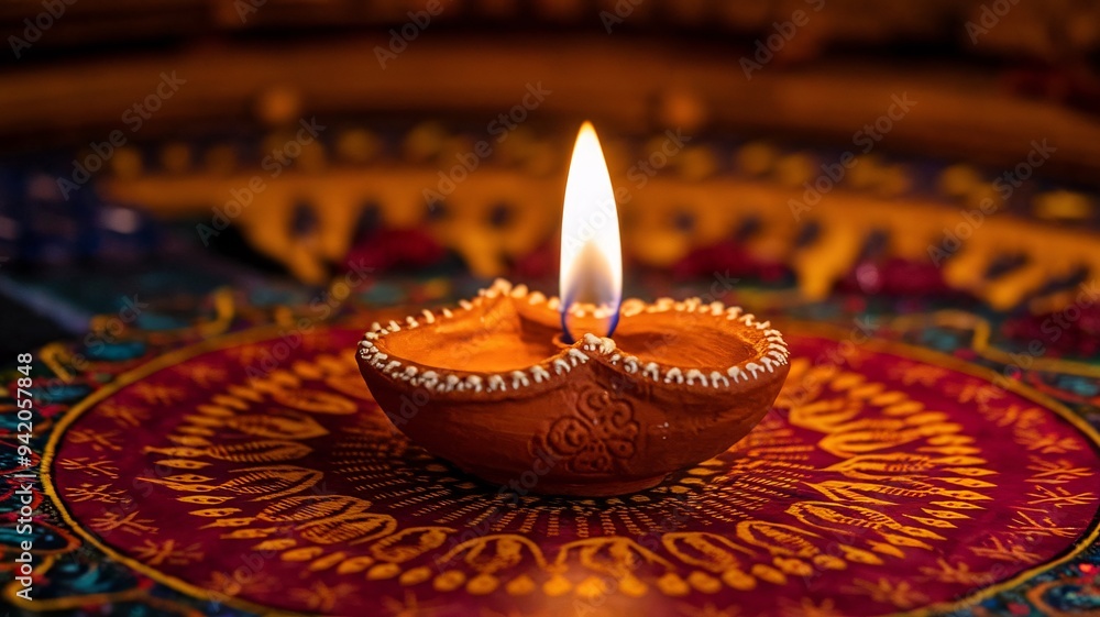 Close-Up of a Single Clay Diya Lamp with a Warm, Glowing Flame on a Vibrant Background Close-Up of a Single Clay Diya Lamp with a Warm, Glowing Flame on a Vibrant Background
