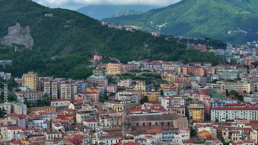 Panoramic view of Salerno, Italy, The Amalfitana is an Italian coastal road in the province of Salerno , Beautiful view, Particolare di Salerno all'alba, Colorful And Charming Historical Architecture Panoramic view of Salerno, Italy, The Amalfitana is an Italian coastal road in the province of Salerno , Beautiful view, Particolare di Salerno all'alba, Colorful And Charming Historical Architecture