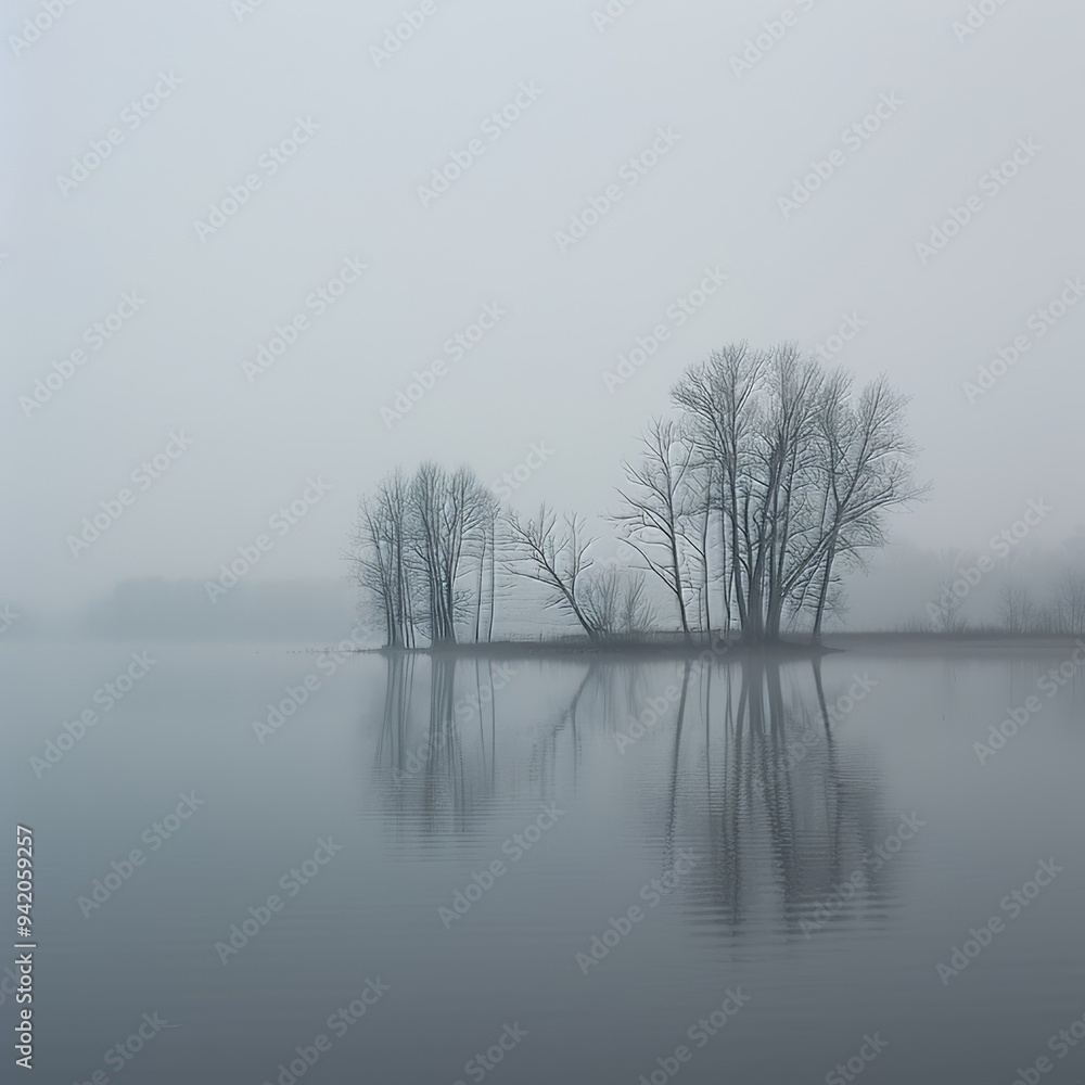 misty morning on the lake with trees visible misty morning on the lake with trees visible