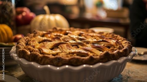 Apple pie aroma fills the air as families gather in a warm glow.