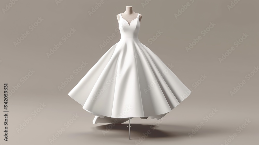A classic white wedding gown with a sweetheart neckline and a flowing skirt. The dress is displayed on a mannequin against a neutral background. A classic white wedding gown with a sweetheart neckline and a flowing skirt. The dress is displayed on a mannequin against a neutral background.