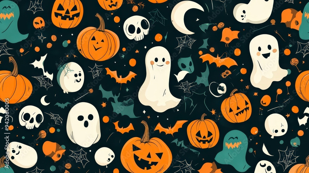 A festive Halloween-themed pattern featuring ghosts, pumpkins, skulls, and bats. A festive Halloween-themed pattern featuring ghosts, pumpkins, skulls, and bats.