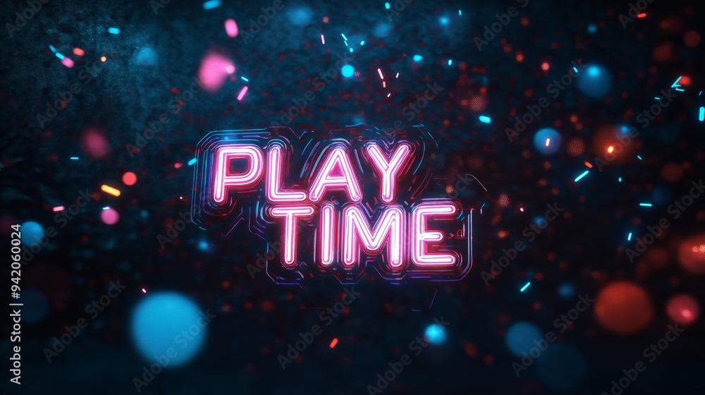 Play Time neon text with glitch and motion blur effects background. Play Time neon design for digital games.